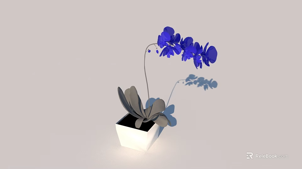 Bonsai Potted Plant With Blue Orchid Flowers Gray Leaves And White Square Pot 3d model 