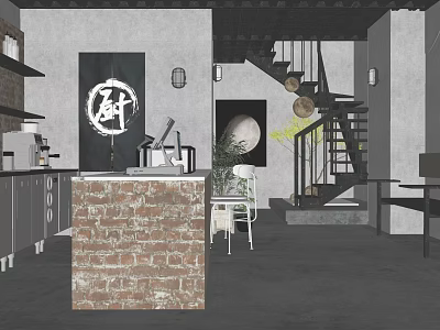 Industrial Style Restaurant Interior With Brick Wall Counter And Spiral Staircase 3d model