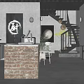 Industrial Style Restaurant Interior With Brick Wall Counter And Spiral Staircase