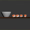Four Pieces of Fresh Salmon Sushi on Wooden Board with Soy Sauce