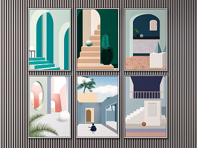 Colorful Minimalist Modern Decorative Posters With Arched Doorways Staircases And Plants 3d model