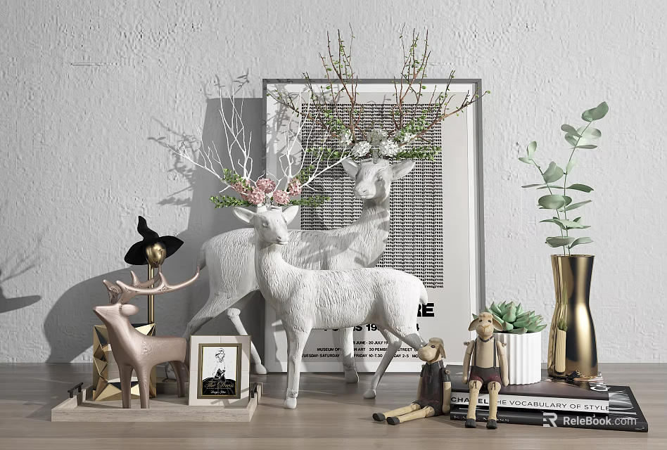 Decorative Ornament Set With Deer Figurines Photo Frame Branch Decor Green Plants And Golden Vase 3d model 