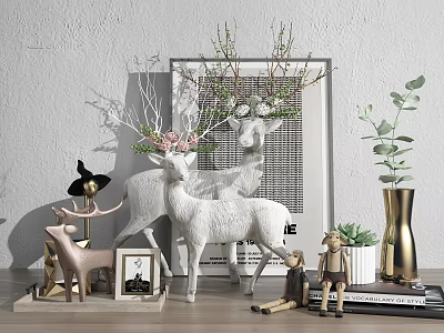 Decorative Ornament Set With Deer Figurines Photo Frame Branch Decor Green Plants And Golden Vase 3d model