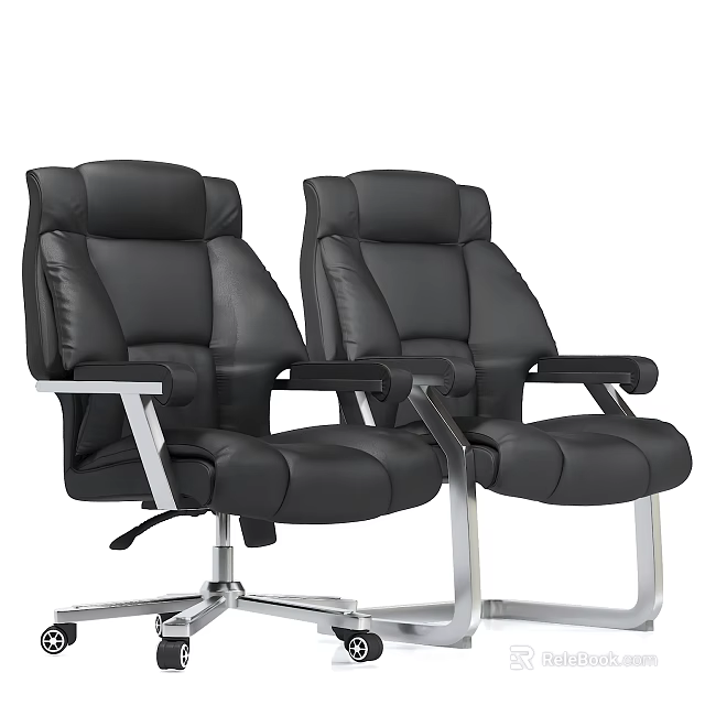 Pair Black Leather Office Chairs with Silver Metal Frames Armrests and Five Star Caster Bases 3d model 