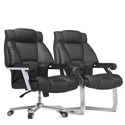 Pair Black Leather Office Chairs with Silver Metal Frames Armrests and Five Star Caster Bases 3d model