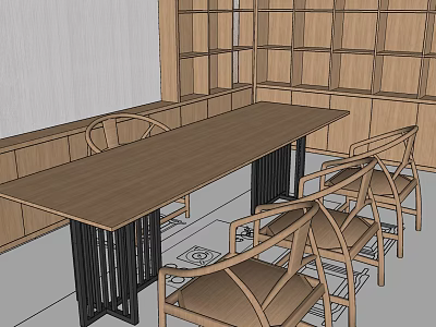 Wooden Tea Table and Stylish Chairs in Cozy Interior with Wooden Bookshelves 3d model