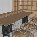Wooden Tea Table and Stylish Chairs in Cozy Interior with Wooden Bookshelves