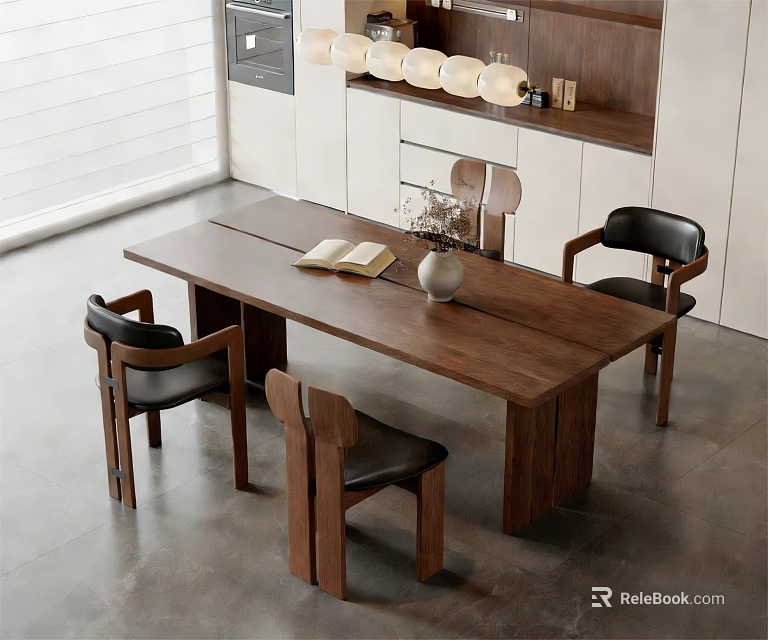 Modern Wooden Dining Table Set With Black Chairs Open Book White Vase And Hanging Lights 3d model 
