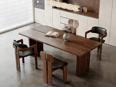 Modern Wooden Dining Table Set With Black Chairs Open Book White Vase And Hanging Lights 3d model