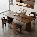 Modern Wooden Dining Table Set With Black Chairs Open Book White Vase And Hanging Lights