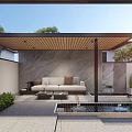 Modern Courtyard Garden with Wooden Pergola Water Feature Outdoor Seating and Lush Green Plants