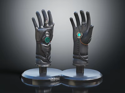 Futuristic Black Mechanical Gloves With Green Gem Accents On Display Stands 3d model
