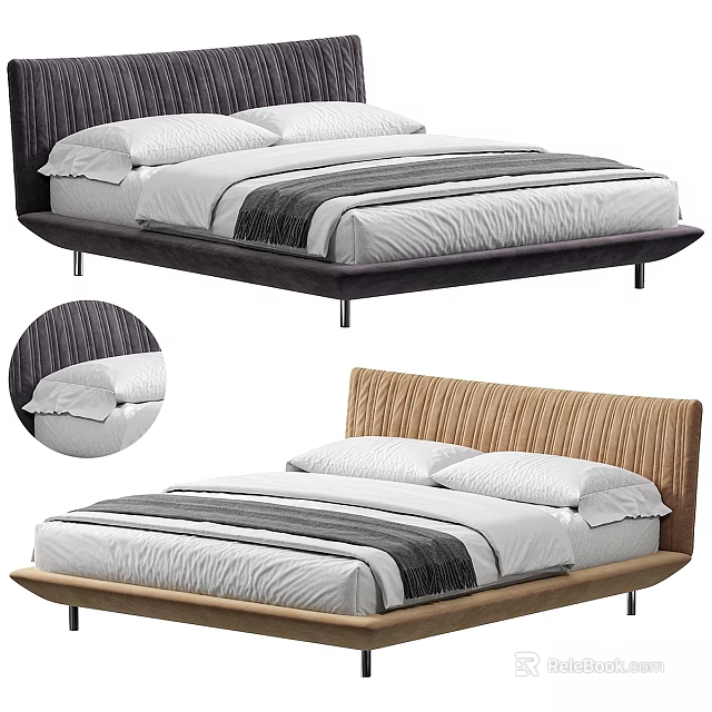 Modern Double Bed With Velvet Wooden Striped Headboard Metal Legs And White Gray Bedding 3d model 