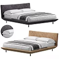 Modern Double Bed With Velvet Wooden Striped Headboard Metal Legs And White Gray Bedding