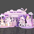 1st Birthday Photo Spot With Purple Pink Decor Rabbit Toys Balloons And ONE