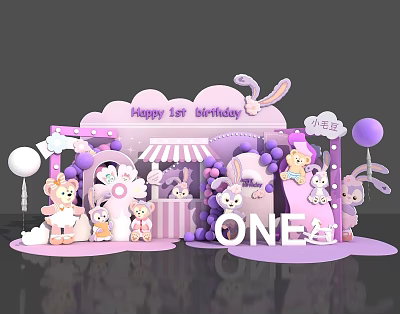 1st Birthday Photo Spot With Purple Pink Decor Rabbit Toys Balloons And ONE 3d model