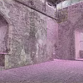 Cartoon Scene Of Abandoned Castle Interior With Mossy Stone Walls Arched Windows And Wooden Floor