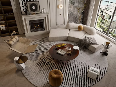 Stylish Living Room Sofa Coffee Table Set With Round Table Striped Rug Throw Pillows 3d model