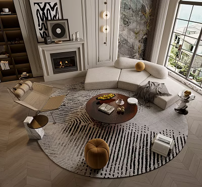 Stylish Living Room Sofa Coffee Table Set With Round Table Striped Rug Throw Pillows 3d model