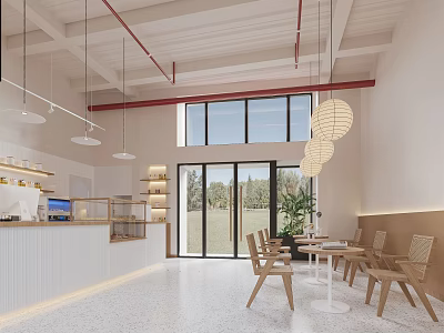Modern Bubble Tea Shop Interior With Bright Space Large Windows Wooden Tables And Hanging Lamps 3d model