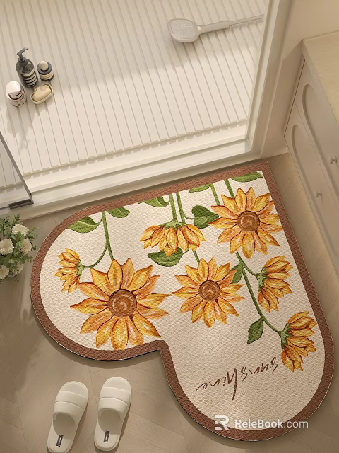 Heart Shaped Entrance Carpet With Yellow Sunflowers Green Leaves And Brown Border 3d model 