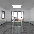 Public Facility Entrance With Turnstiles Security Cameras Service Themed Wall And Windows