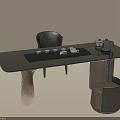 Elegant Tea Table With Black Tabletop Transparent Legs Black Chair And Tea Set
