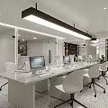Bright Modern Public Office Area With White Desks Chairs Computers Green Plants And Bookshelves