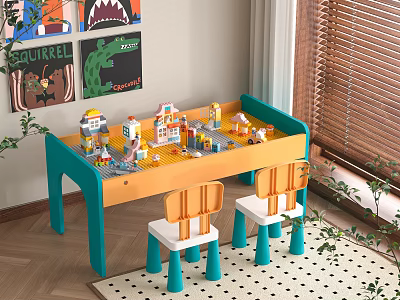 Kids Table with Building Blocks and Blue Orange Chairs in Children's Room 3d model