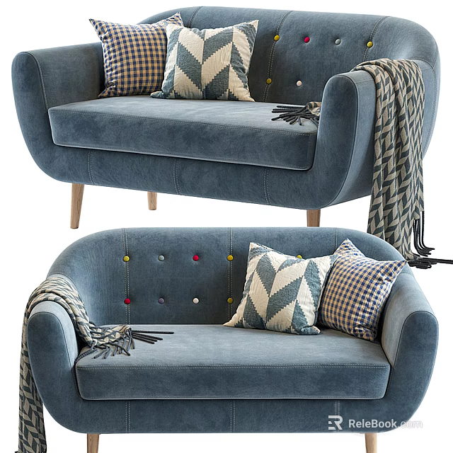 Blue Upholstered Multi Seat Sofa With Plaid Geometric Pillows Throw Blanket And Wooden Legs 3d model 