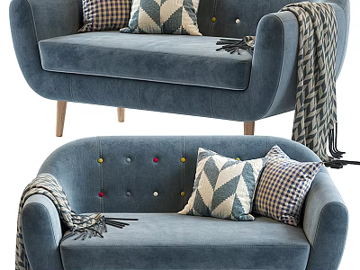 Blue Upholstered Multi Seat Sofa With Plaid Geometric Pillows Throw Blanket And Wooden Legs 3d model