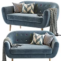 Blue Upholstered Multi Seat Sofa With Plaid Geometric Pillows Throw Blanket And Wooden Legs