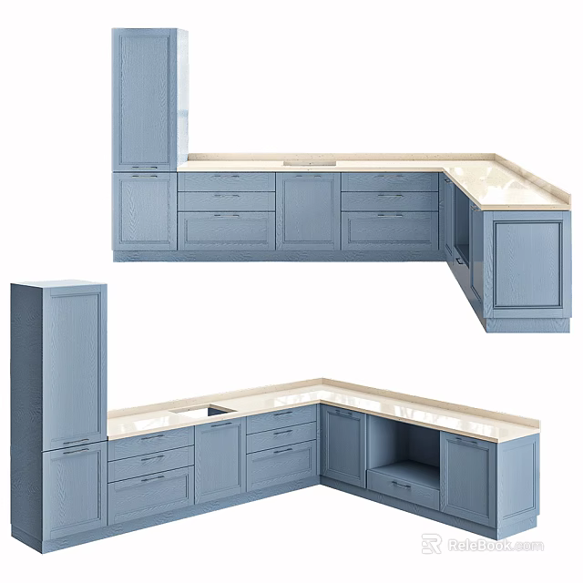 Stylish Blue Kitchen Cabinets With L Shaped Layout And Light Colored Countertop 3d model