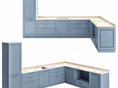 Stylish Blue Kitchen Cabinets With L Shaped Layout And Light Colored Countertop 3d model