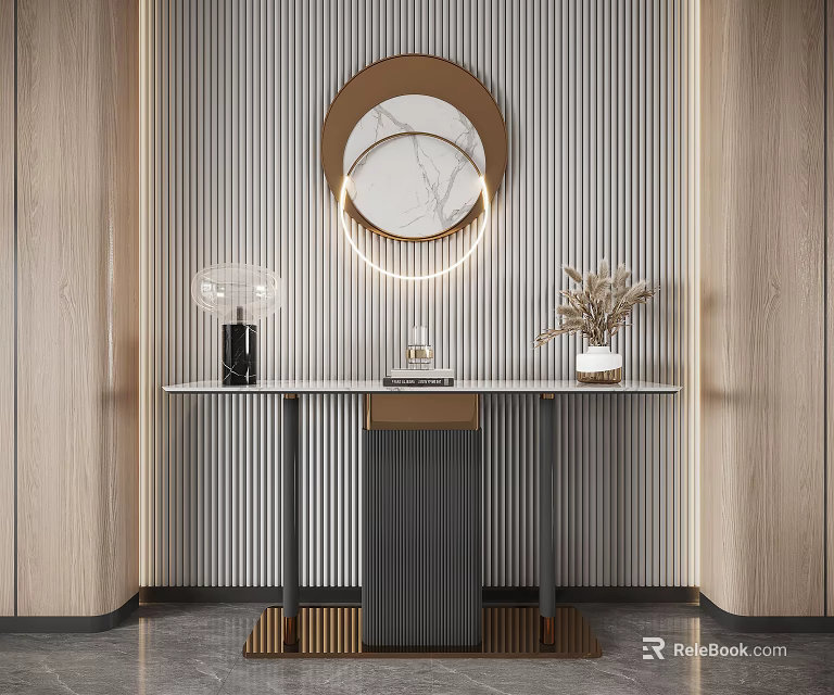 Modern Console Table Design with Circular Mirror Striped Wall and Wooden Accents 3d model 