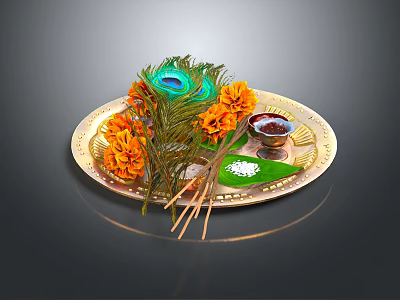 Decorative Ornament Set With Golden Plate Peacock Feather Orange Flowers And Incense Sticks 3d model