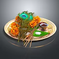 Decorative Ornament Set With Golden Plate Peacock Feather Orange Flowers And Incense Sticks