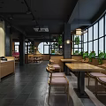 Modern Restaurant Interior With Wooden Tables Large Windows And Green Plants