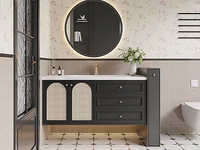 Stylish Black Bathroom Vanity With Round Mirror Woven Doors And White Countertop 3d model