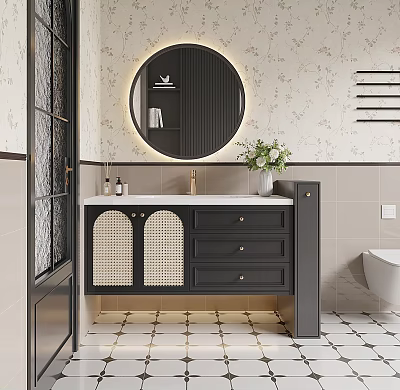 Stylish Black Bathroom Vanity With Round Mirror Woven Doors And White Countertop 3d model