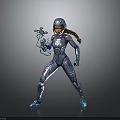 Shiny Blue Purple Armored Female Character With Braided Hair And Glowing Weapon