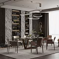 Elegant Restaurant Interior With Marble Wall Bookshelves Chandeliers Dining Table And Chairs