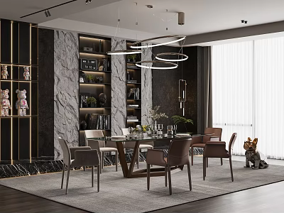 Elegant Restaurant Interior With Marble Wall Bookshelves Chandeliers Dining Table And Chairs 3d model