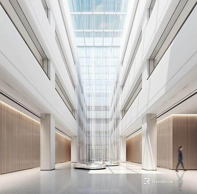 Modern Lobby Front Desk Reception With High Ceiling Glass Skylight Wooden Walls And White Columns 3d model 