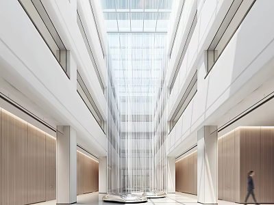 Modern Lobby Front Desk Reception With High Ceiling Glass Skylight Wooden Walls And White Columns 3d model
