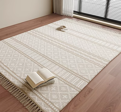 Neutral Square Rug With Geometric Pattern And Fringe For Living Space 3d model