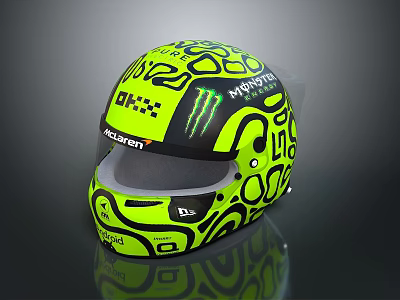 Racing Car Helmet in Neon Yellow With Black Patterns Featuring Monster KORDA OKX Logos 3d model