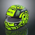 Racing Car Helmet in Neon Yellow With Black Patterns Featuring Monster KORDA OKX Logos
