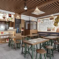 Cozy Mall Restaurant Interior With Wooden Ceiling Tables Chairs And Menu Board