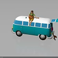 Young Girl Playing Guitar On Colorful Blue And White Vintage Van With Open Door